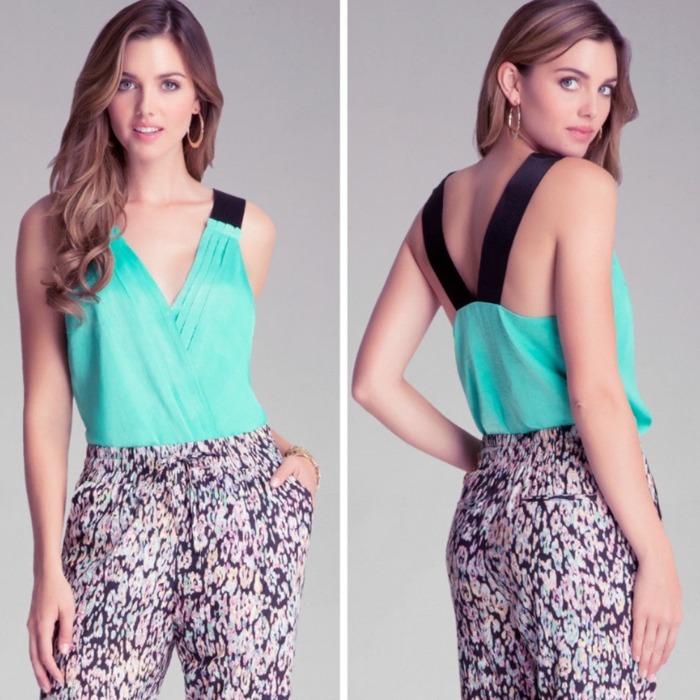 Bebe Sexy Mint Pleated Black Elastic Bodysuit Soft